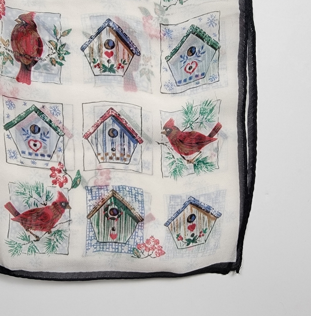Talbots  Vintage 90s Japan Silk Scarf Cardinals Birdhouse Square 26" X 26" Sheer